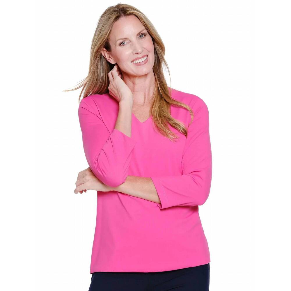 NEW MULTIPLES 3/4 sleeve v-neck top in hot pink